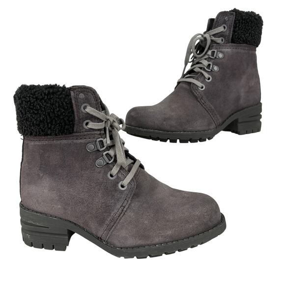 CAT Caterpillar Cora Ankle Boots Womens Size 6 Gray Leather Fur Lined Lace Up - Picture 1 of 11
